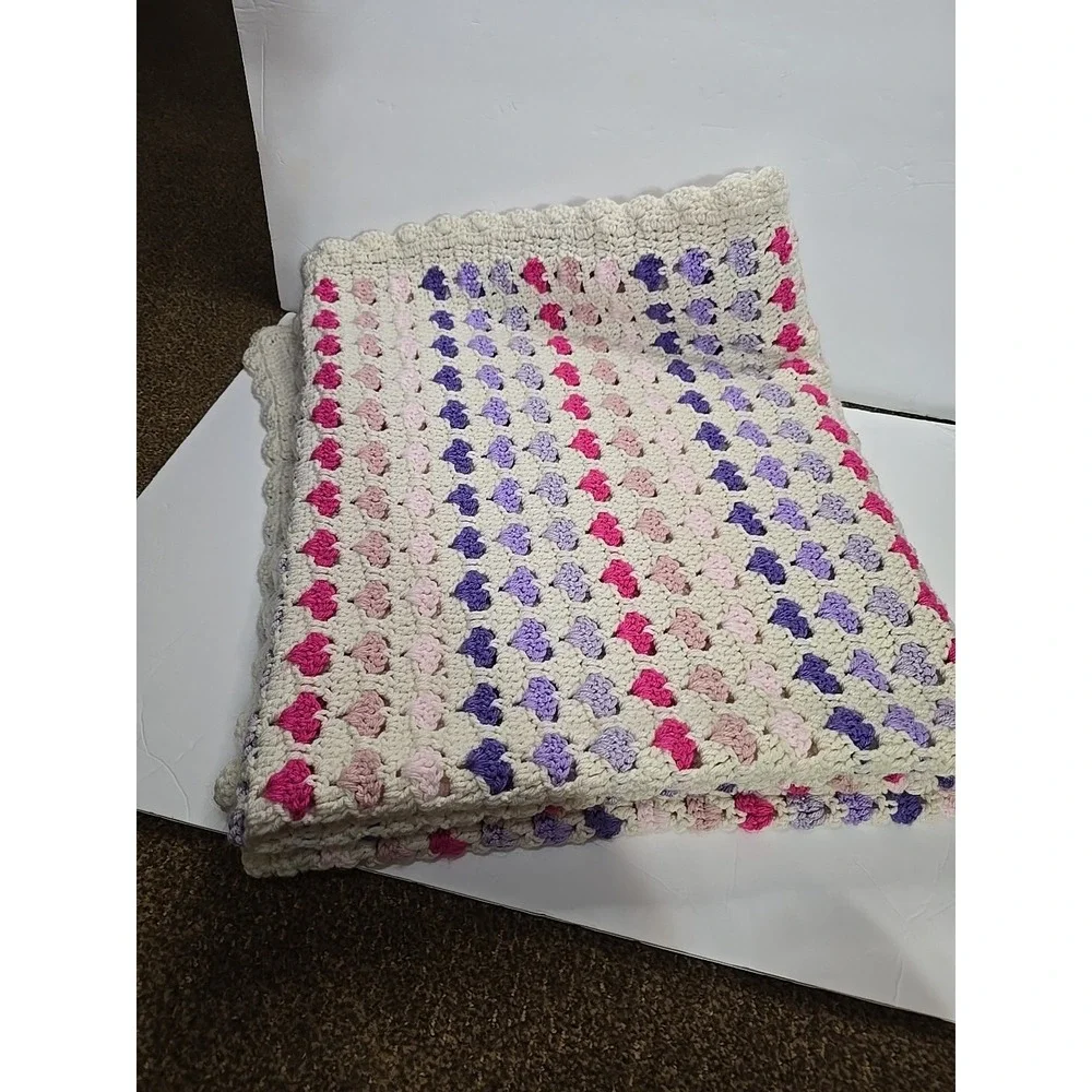 Handmade Afghan Crochet Multicolor Hearts Throw Grannycore Valentine's Day